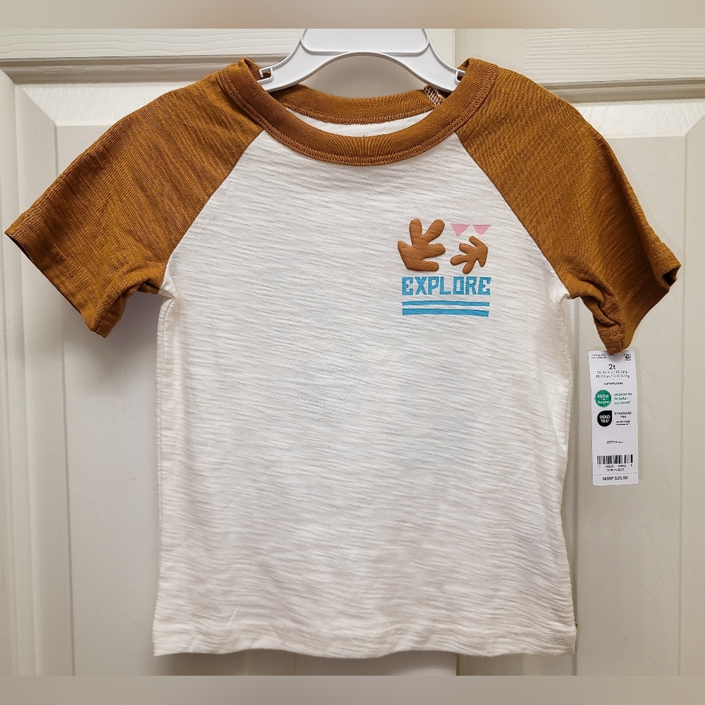 NWT Carter's Boys Size 2T White and Brown Short Sleeve Tee with Explore Design